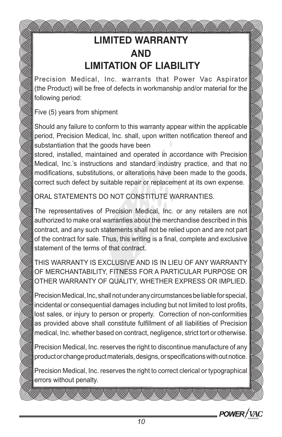 Limited warranty and limitation of liability | Precision Medical PM61 PowerVac Aspirator User Manual | Page 11 / 12
