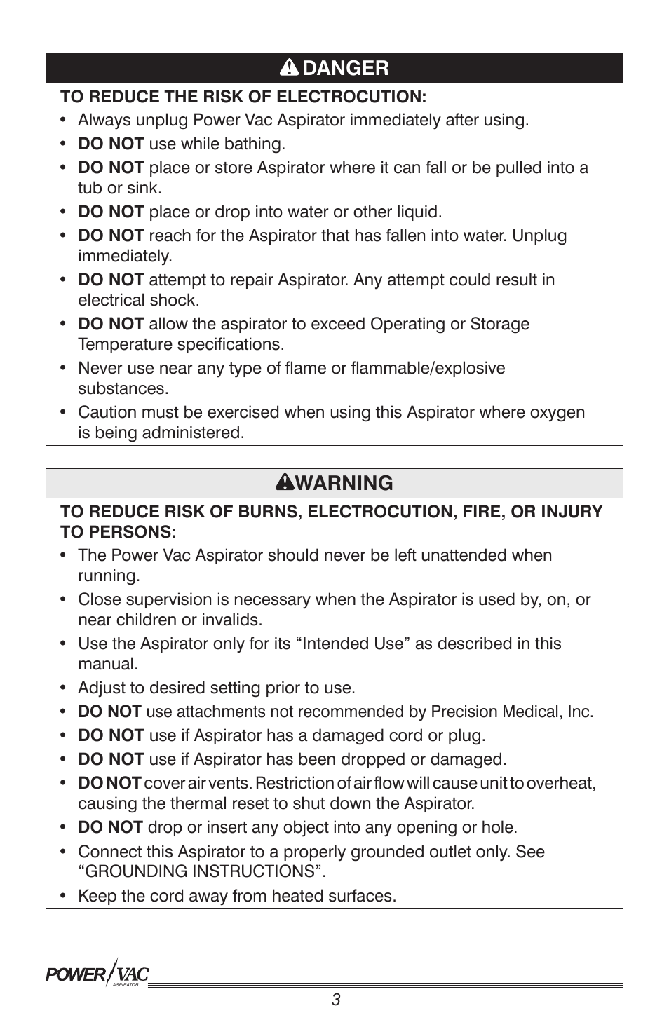 Danger, Warning | Precision Medical PM61 PowerVac Aspirator User Manual | Page 4 / 12