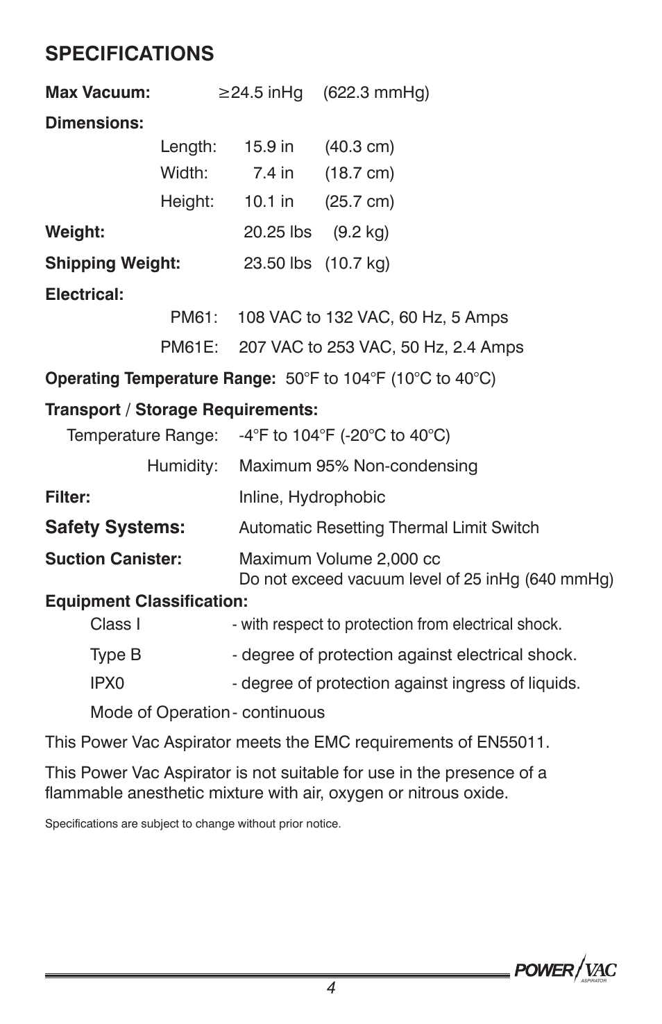 Specifications | Precision Medical PM61 PowerVac Aspirator User Manual | Page 5 / 12