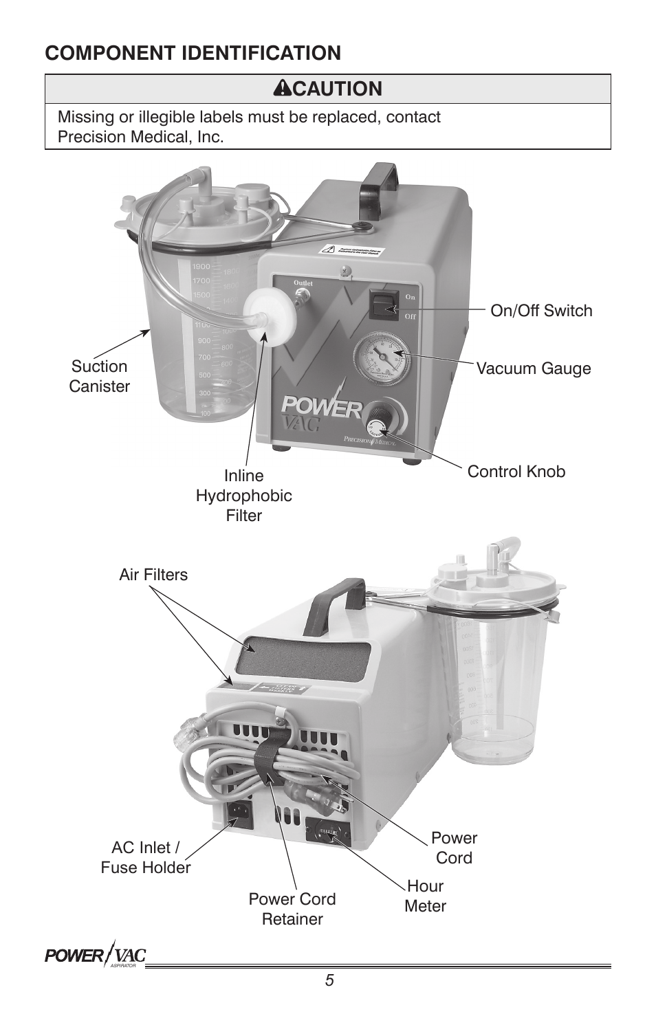 Component identification caution | Precision Medical PM61 PowerVac Aspirator User Manual | Page 6 / 12