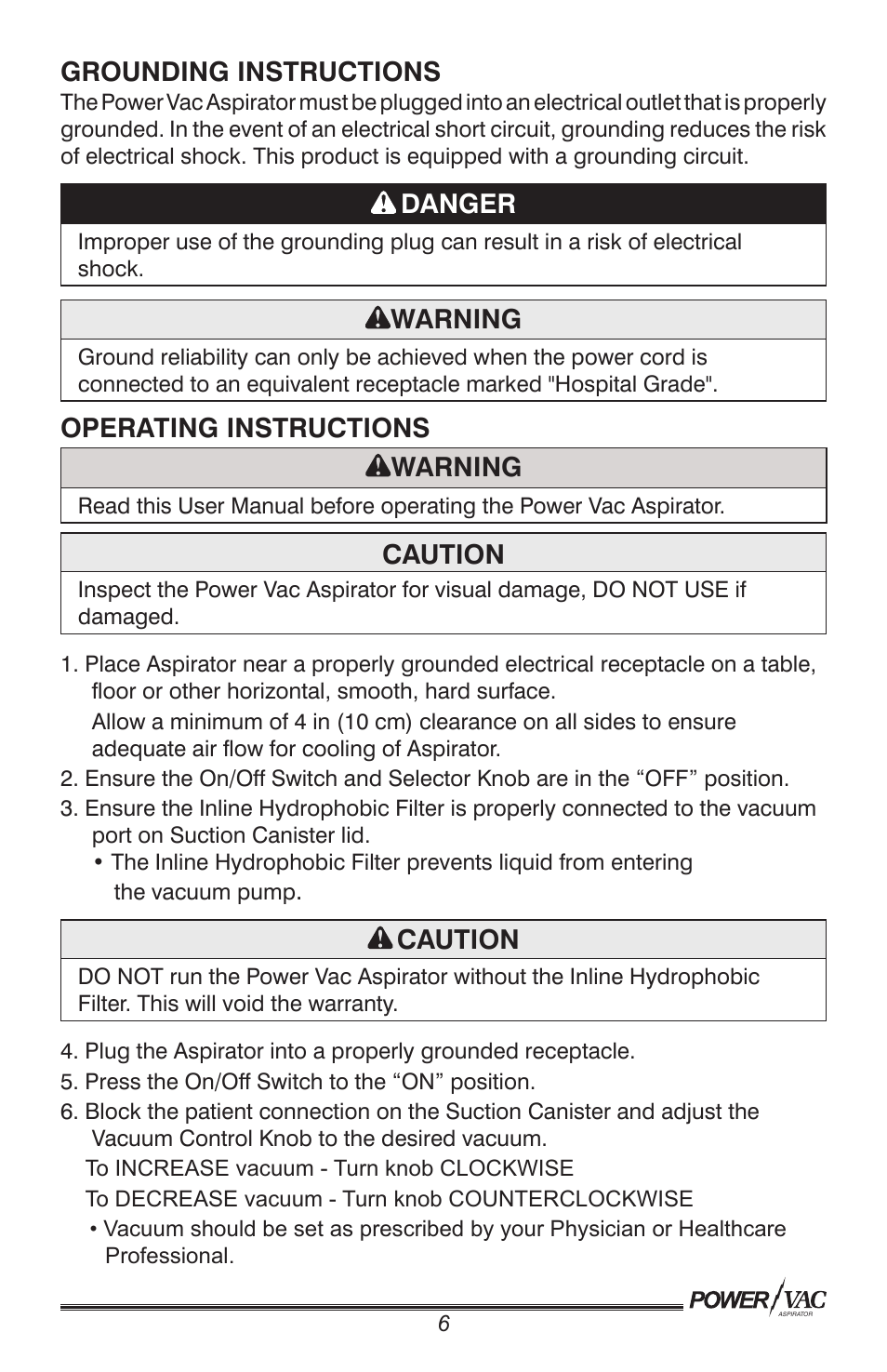 Grounding instructions, Danger, Warning | Operating instructions warning, Caution | Precision Medical PM61 PowerVac Aspirator User Manual | Page 7 / 12
