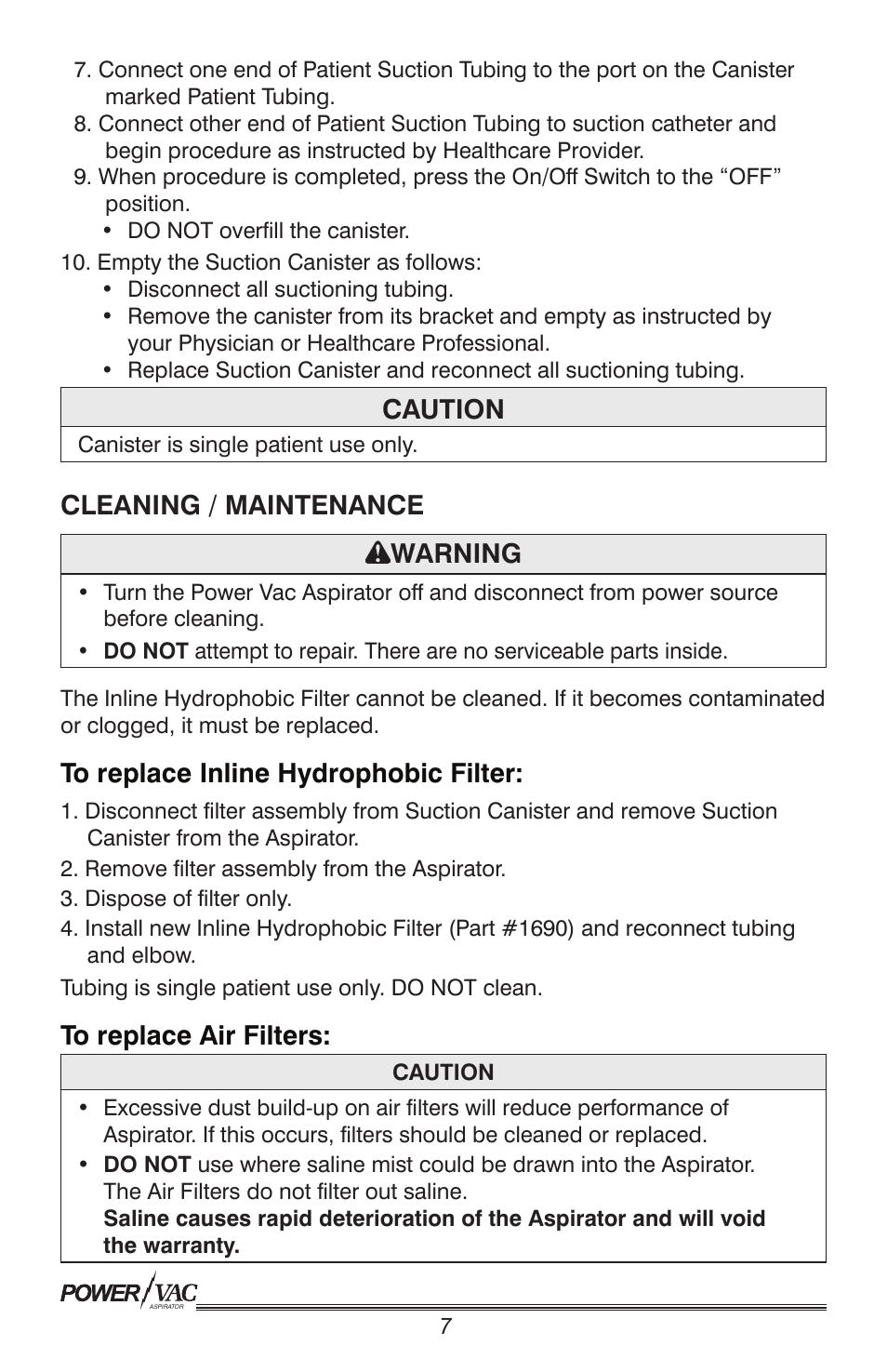 Caution, Cleaning / maintenance warning | Precision Medical PM61 PowerVac Aspirator User Manual | Page 8 / 12