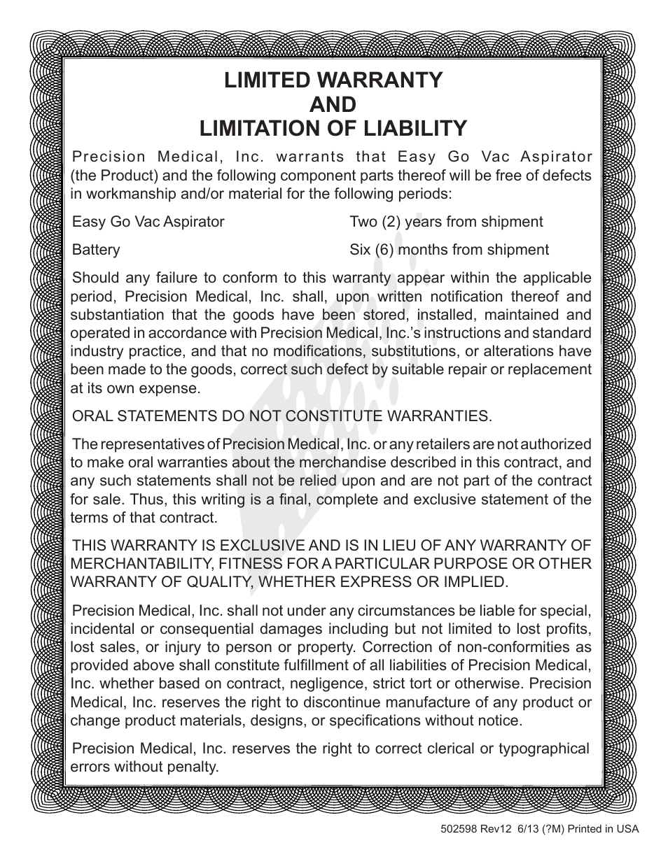 Limited warranty and limitation of liability | Precision Medical PM65 EasyGoVac Aspirator User Manual | Page 12 / 12