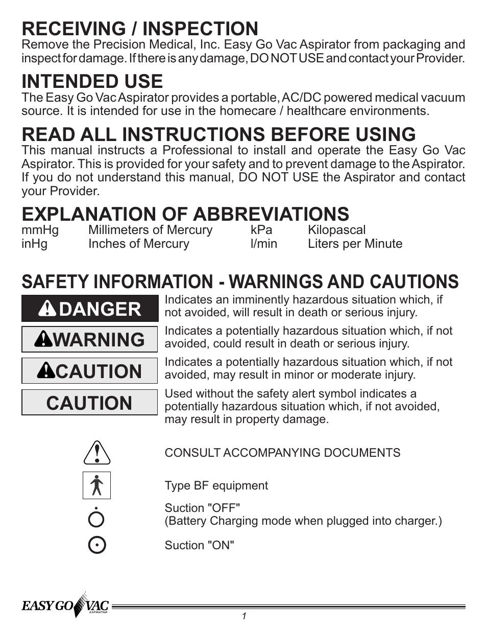 Receiving / inspection, Intended use, Read all instructions before using | Explanation of abbreviations, Safety information - warnings and cautions danger, Warning, Caution | Precision Medical PM65 EasyGoVac Aspirator User Manual | Page 2 / 12