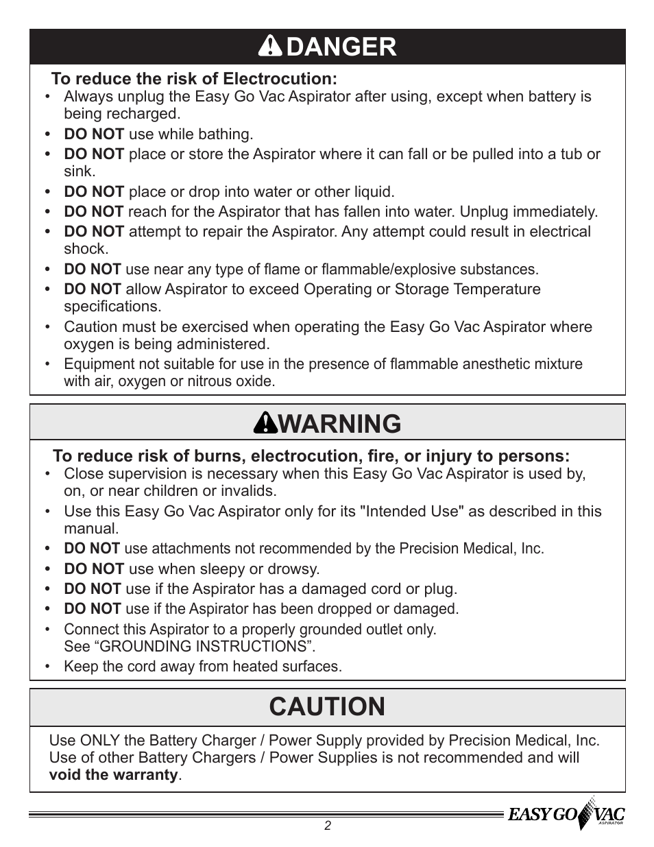 Danger, Caution, Warning | Precision Medical PM65 EasyGoVac Aspirator User Manual | Page 3 / 12