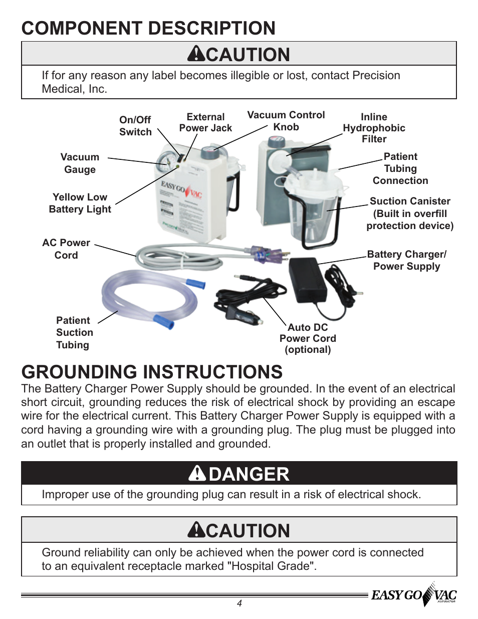 Component description caution, Grounding instructions, Danger | Caution | Precision Medical PM65 EasyGoVac Aspirator User Manual | Page 5 / 12