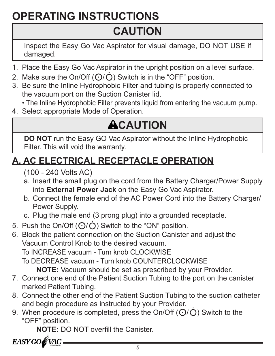 Operating instructions caution, Caution, A. ac electrical receptacle operation | Precision Medical PM65 EasyGoVac Aspirator User Manual | Page 6 / 12