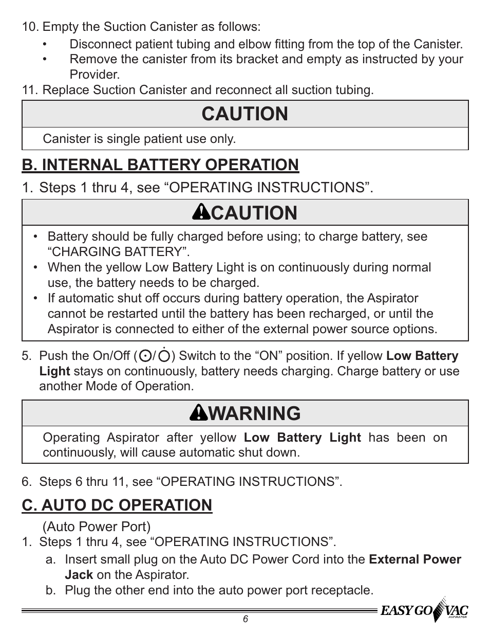 Warning, Caution, B. internal battery operation | C. auto dc operation | Precision Medical PM65 EasyGoVac Aspirator User Manual | Page 7 / 12