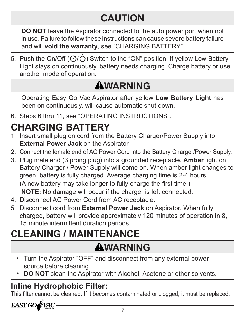 Warning, Cleaning / maintenance charging battery, Caution | Inline hydrophobic filter | Precision Medical PM65 EasyGoVac Aspirator User Manual | Page 8 / 12