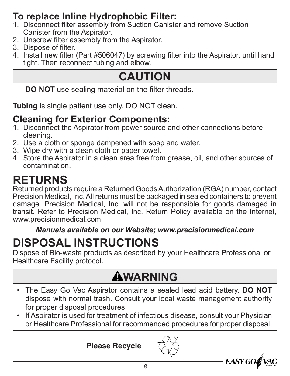 Warning, Caution, Disposal instructions | Returns, Cleaning for exterior components | Precision Medical PM65 EasyGoVac Aspirator User Manual | Page 9 / 12