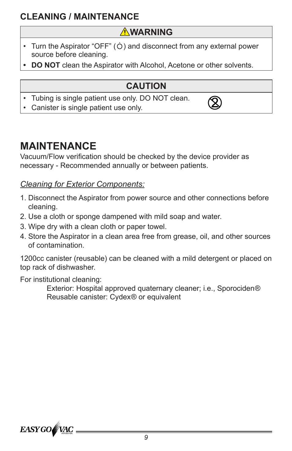 Maintenance | Precision Medical PM66 EasyGoVac Aspirator User Manual | Page 10 / 16