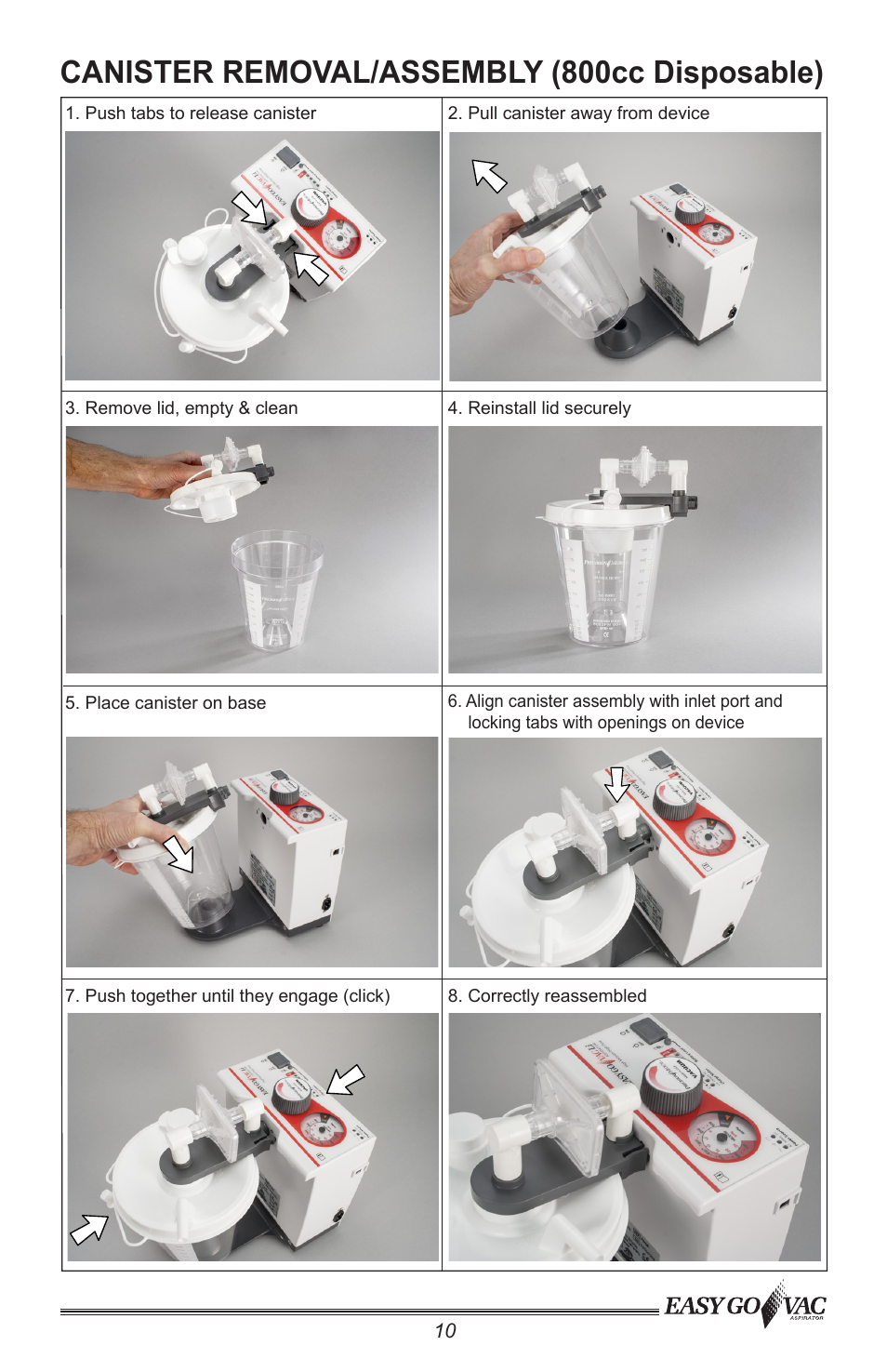 Canister removal/assembly (800cc disposable) | Precision Medical PM66 EasyGoVac Aspirator User Manual | Page 11 / 16