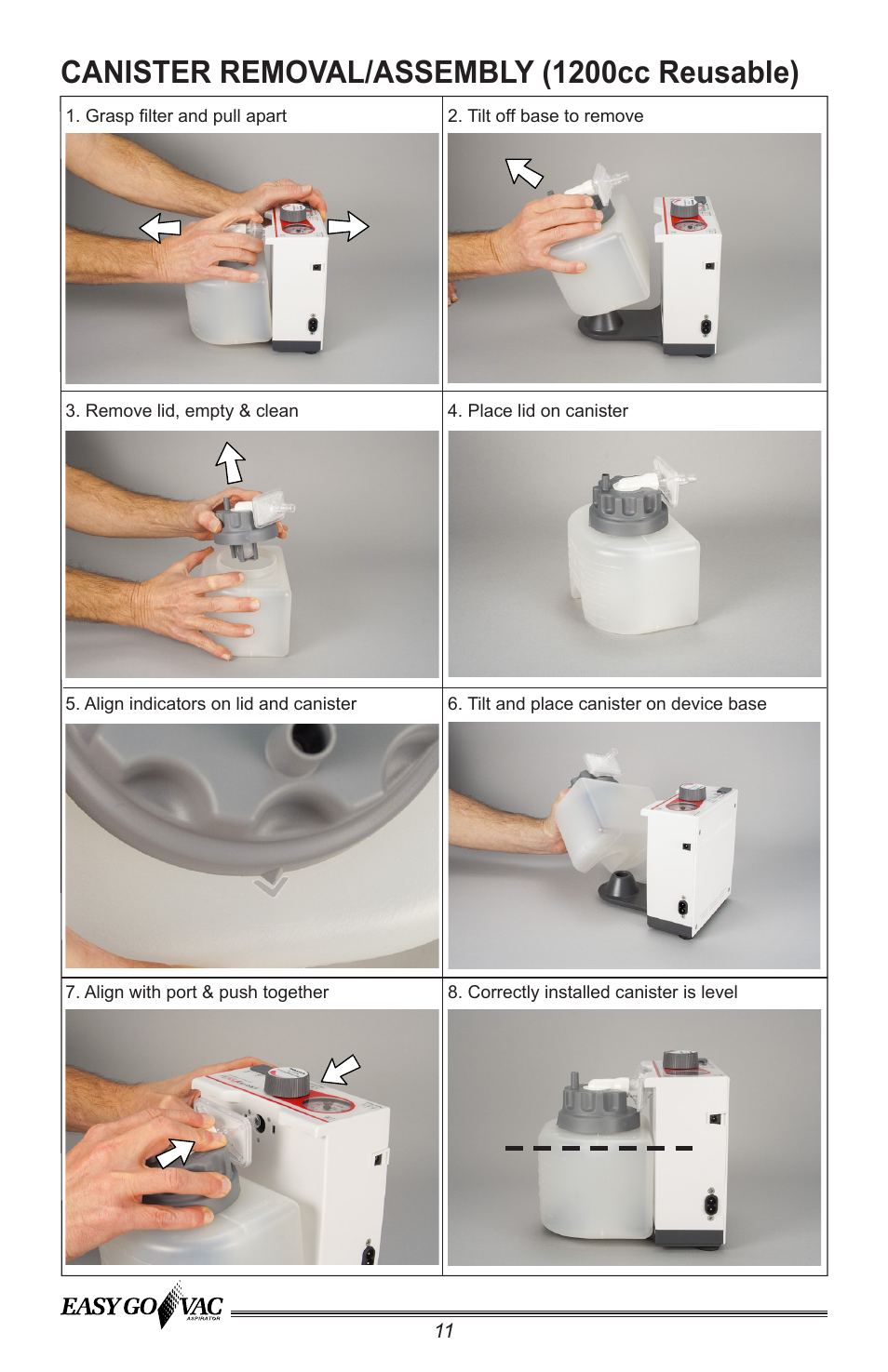 Canister removal/assembly (1200cc reusable) | Precision Medical PM66 EasyGoVac Aspirator User Manual | Page 12 / 16