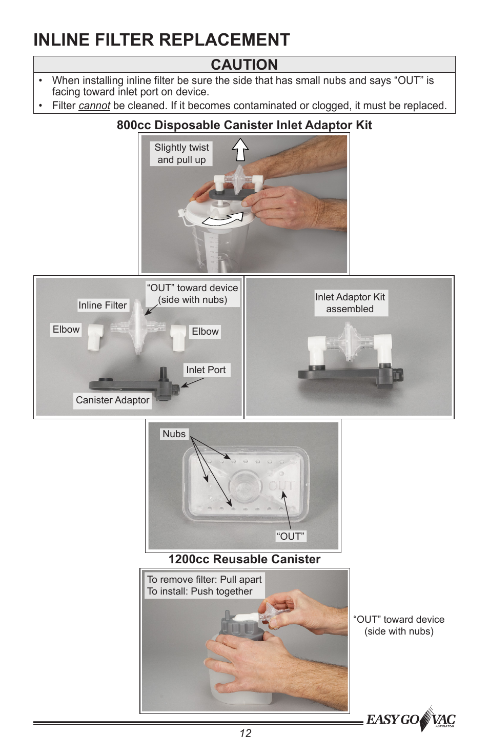 Inline filter replacement, Caution | Precision Medical PM66 EasyGoVac Aspirator User Manual | Page 13 / 16