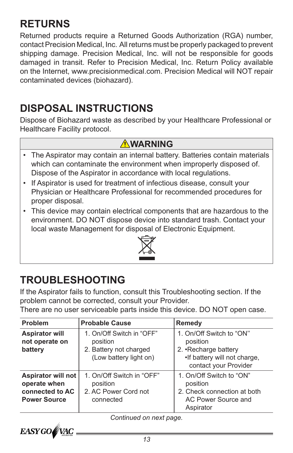 Returns, Troubleshooting, Disposal instructions | Warning | Precision Medical PM66 EasyGoVac Aspirator User Manual | Page 14 / 16