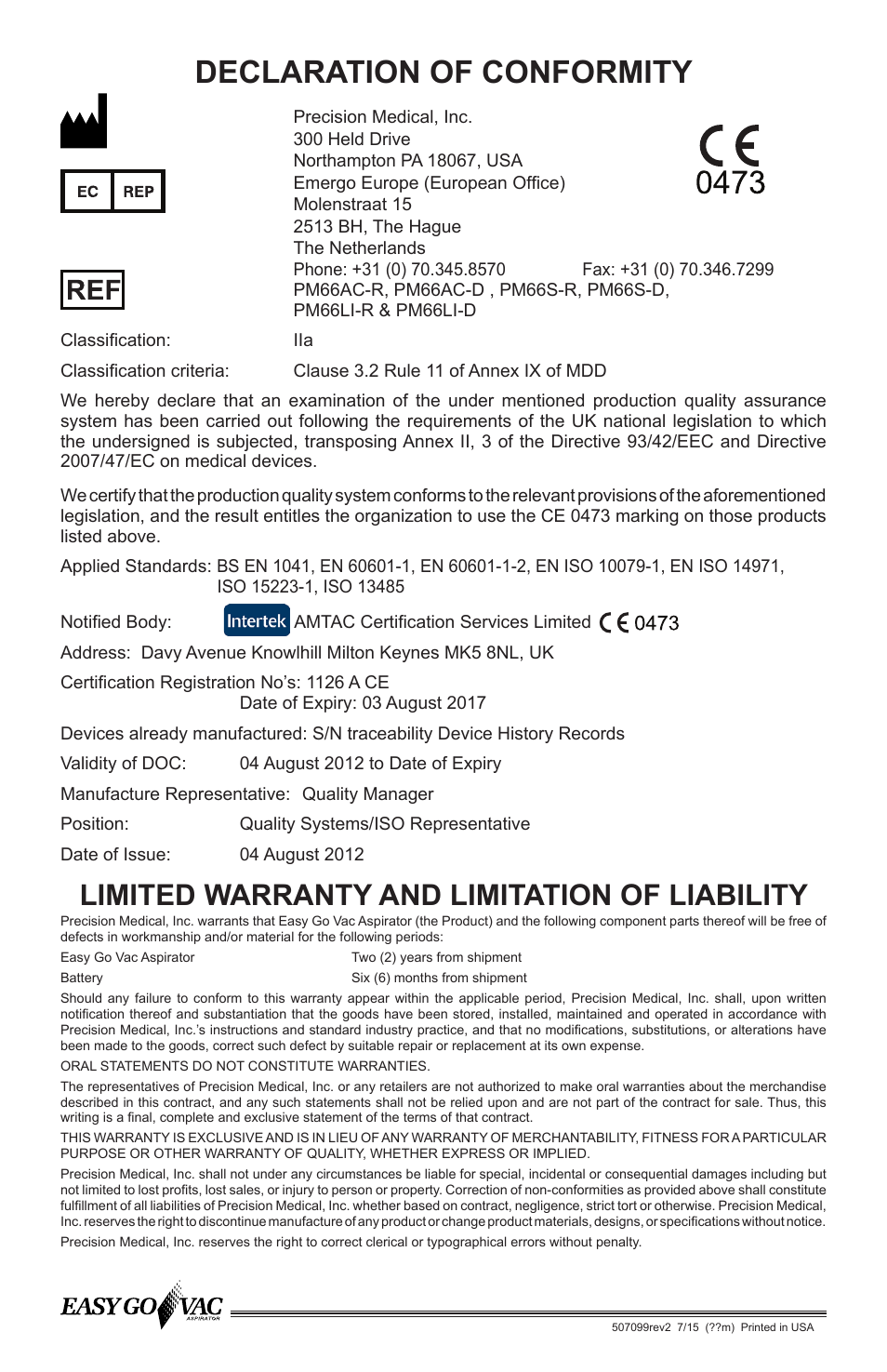 Declaration of conformity, Limited warranty and limitation of liability | Precision Medical PM66 EasyGoVac Aspirator User Manual | Page 16 / 16