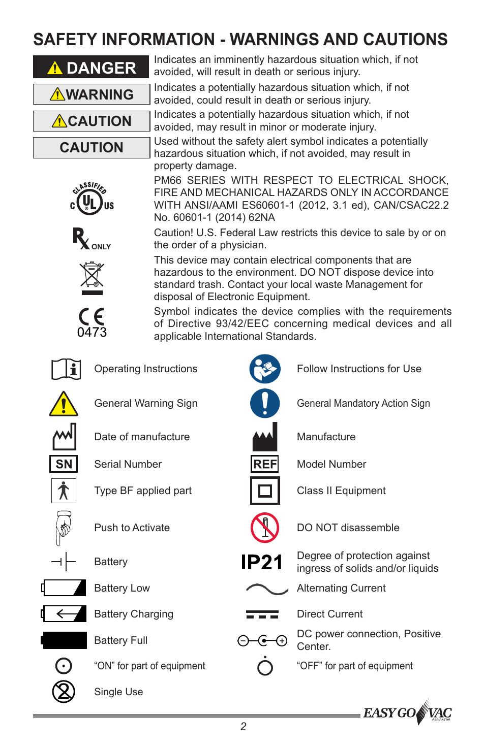 Safety information - warnings and cautions, Danger, Warning | Caution | Precision Medical PM66 EasyGoVac Aspirator User Manual | Page 3 / 16