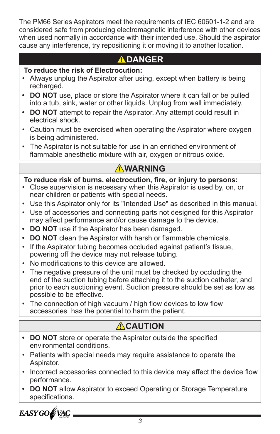 Caution, Danger, Warning | Precision Medical PM66 EasyGoVac Aspirator User Manual | Page 4 / 16