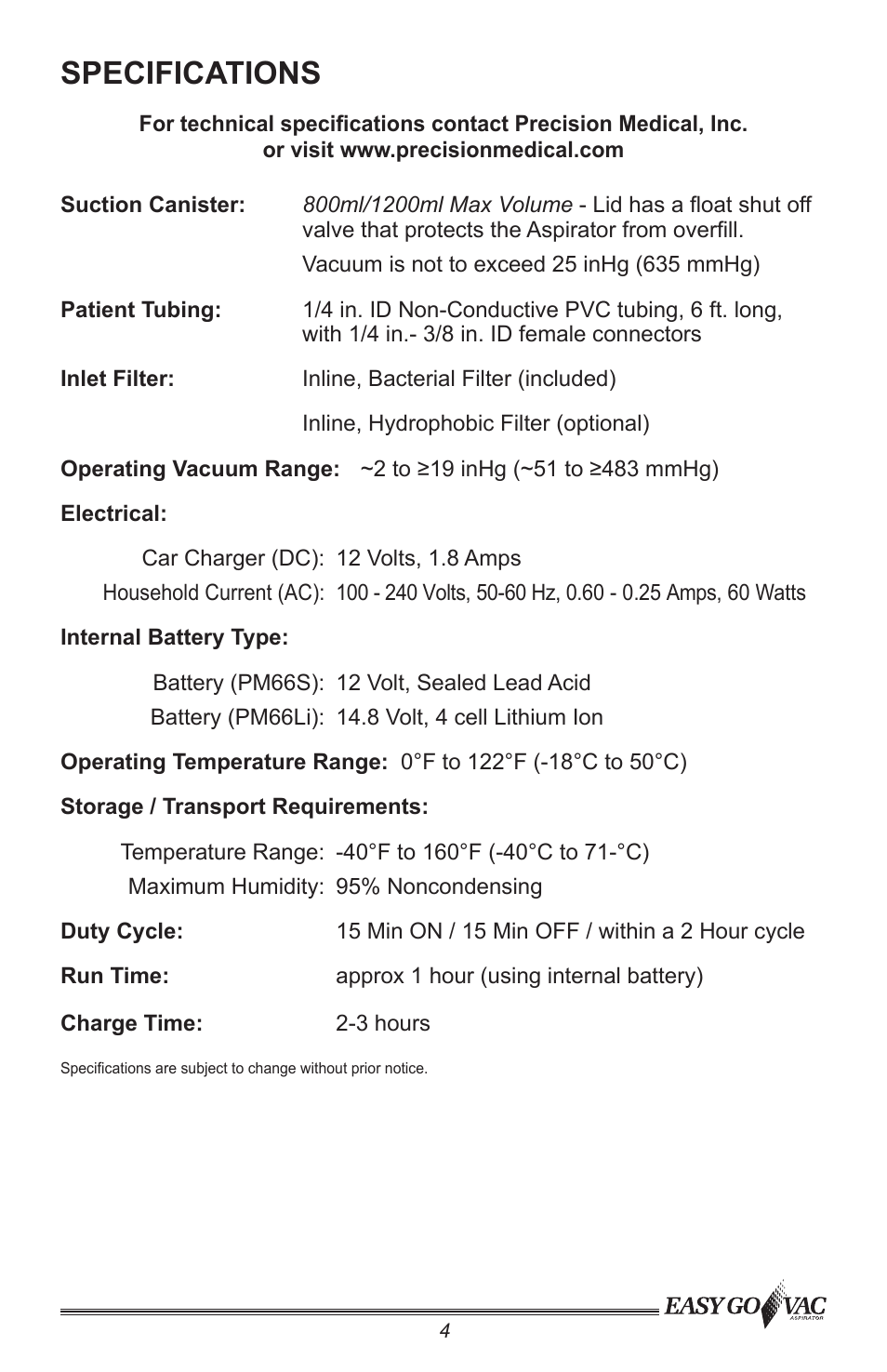 Specifications | Precision Medical PM66 EasyGoVac Aspirator User Manual | Page 5 / 16