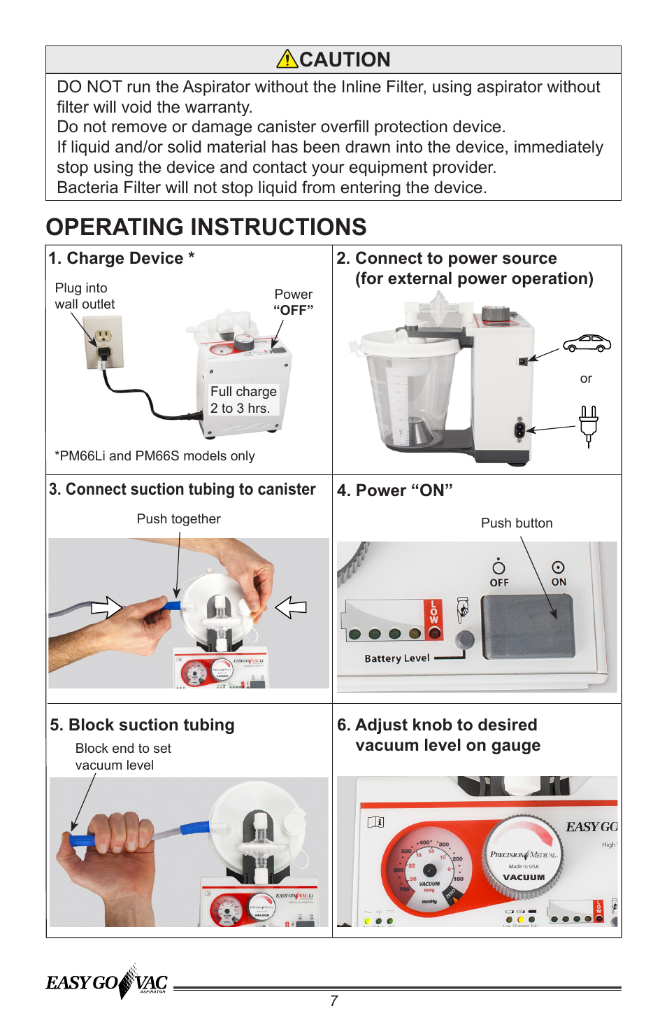 Operating instructions, Caution | Precision Medical PM66 EasyGoVac Aspirator User Manual | Page 8 / 16