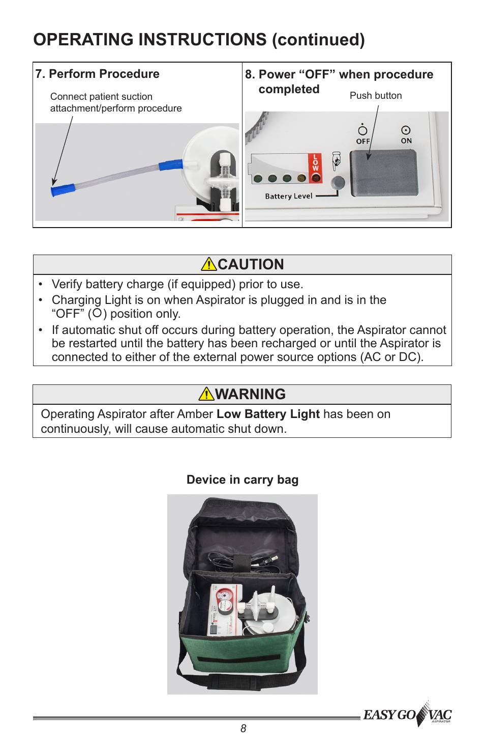 Operating instructions (continued), Caution, Warning | Precision Medical PM66 EasyGoVac Aspirator User Manual | Page 9 / 16