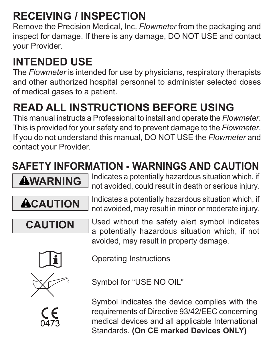 Safety information - warnings and caution warning, Caution, Receiving / inspection | Intended use, Read all instructions before using | Precision Medical Chrome Flowmeters User Manual | Page 2 / 8