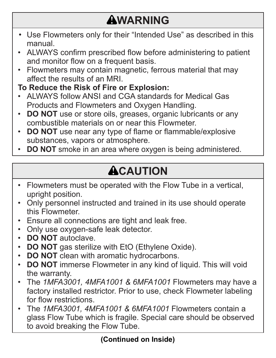 Caution, Warning | Precision Medical Chrome Flowmeters User Manual | Page 3 / 8