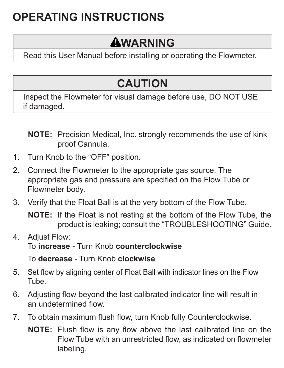 Warning, Caution, Operating instructions | Precision Medical Chrome Flowmeters User Manual | Page 5 / 8