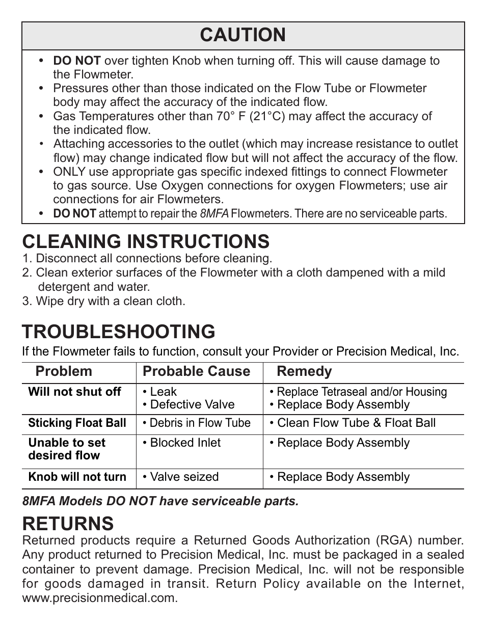 Returns, Troubleshooting, Cleaning instructions | Caution | Precision Medical Chrome Flowmeters User Manual | Page 6 / 8