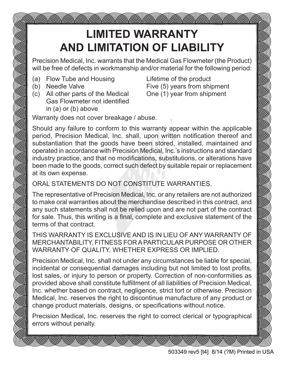 Limited warranty and limitation of liability | Precision Medical Chrome Flowmeters User Manual | Page 8 / 8
