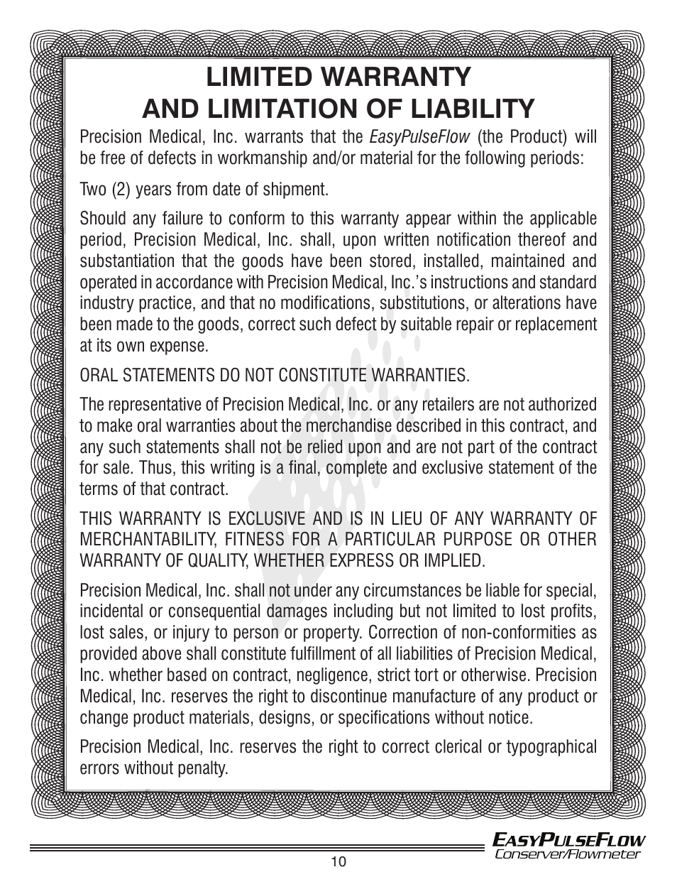 Limited warranty and limitation of liability | Precision Medical Conserving Flowmeter User Manual | Page 11 / 12