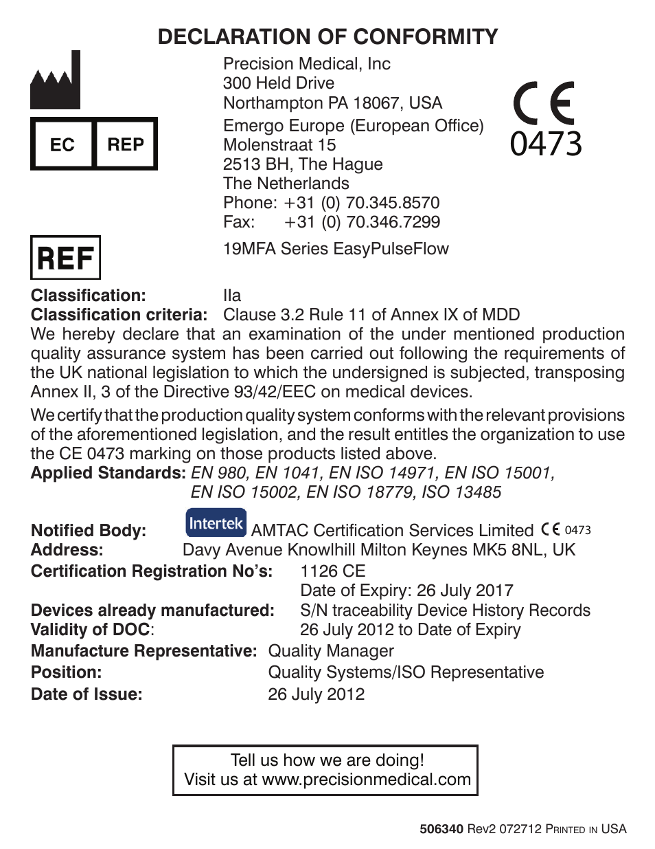 Declaration of conformity | Precision Medical Conserving Flowmeter User Manual | Page 12 / 12