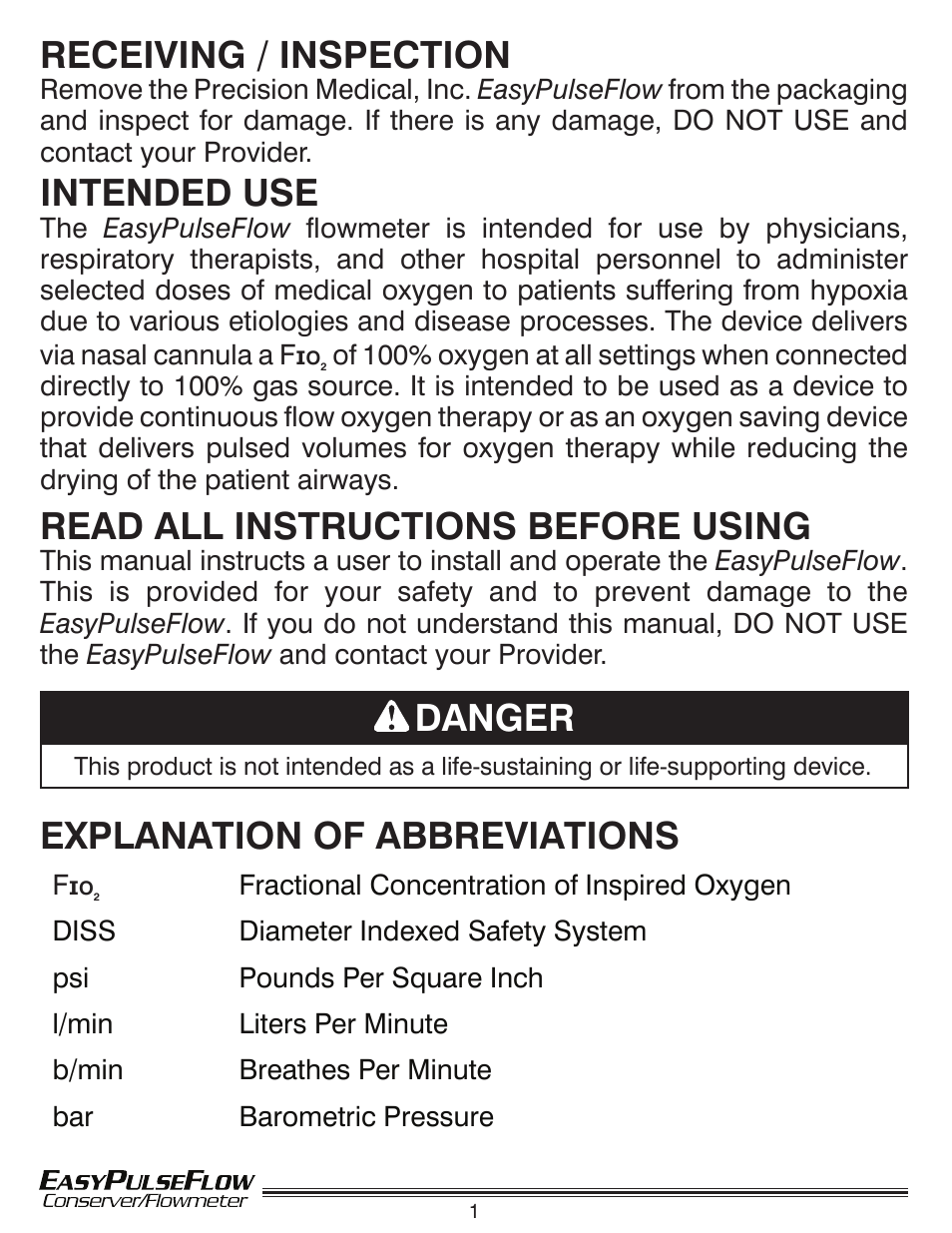 Receiving / inspection, Intended use, Read all instructions before using | Danger, Explanation of abbreviations | Precision Medical Conserving Flowmeter User Manual | Page 2 / 12