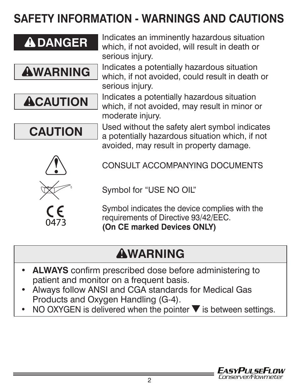 Safety information - warnings and cautions danger, Warning, Caution | Precision Medical Conserving Flowmeter User Manual | Page 3 / 12