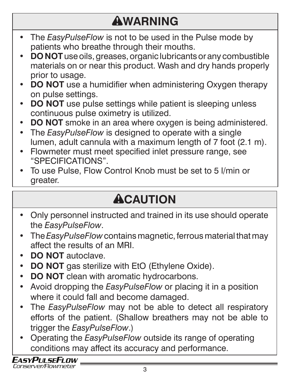 Warning, Caution | Precision Medical Conserving Flowmeter User Manual | Page 4 / 12