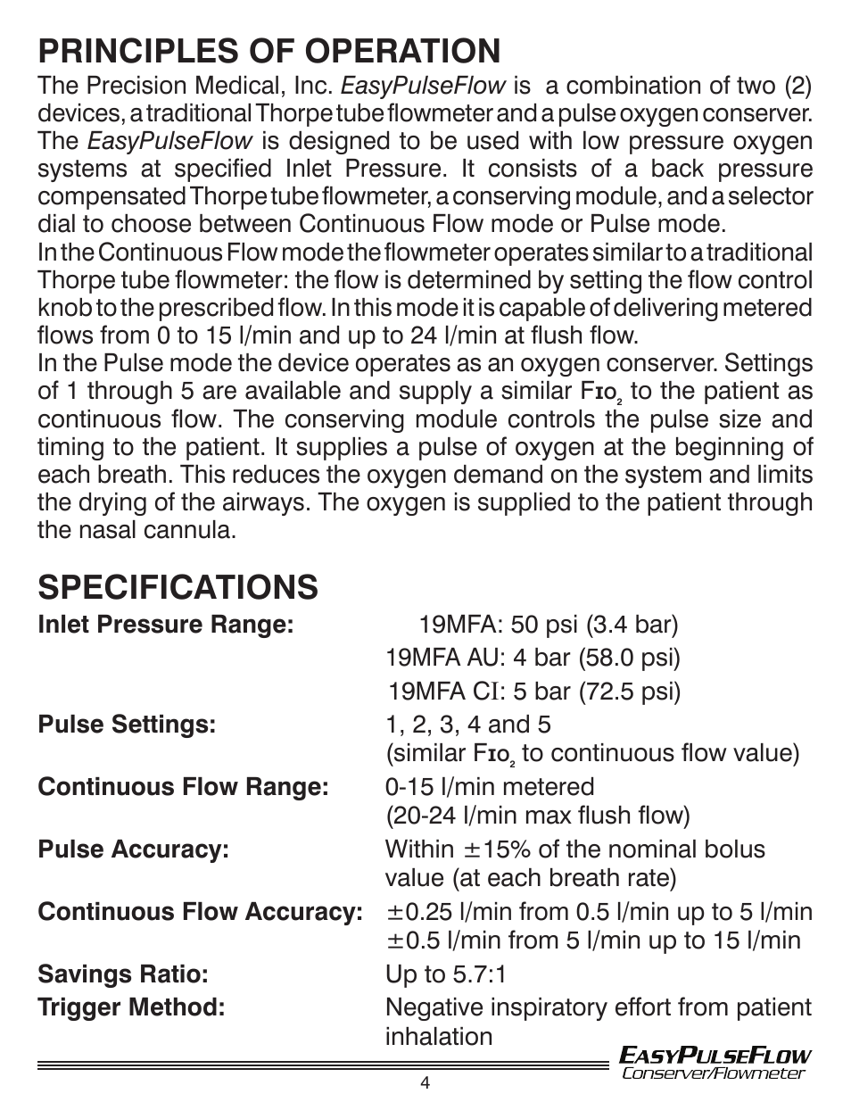 Principles of operation, Specifications | Precision Medical Conserving Flowmeter User Manual | Page 5 / 12