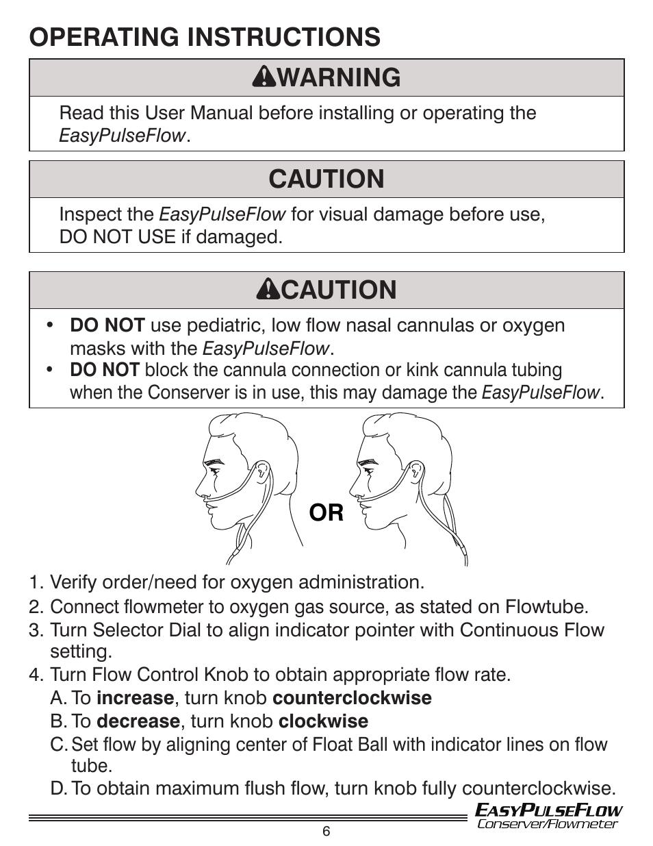 Operating instructions warning, Caution | Precision Medical Conserving Flowmeter User Manual | Page 7 / 12