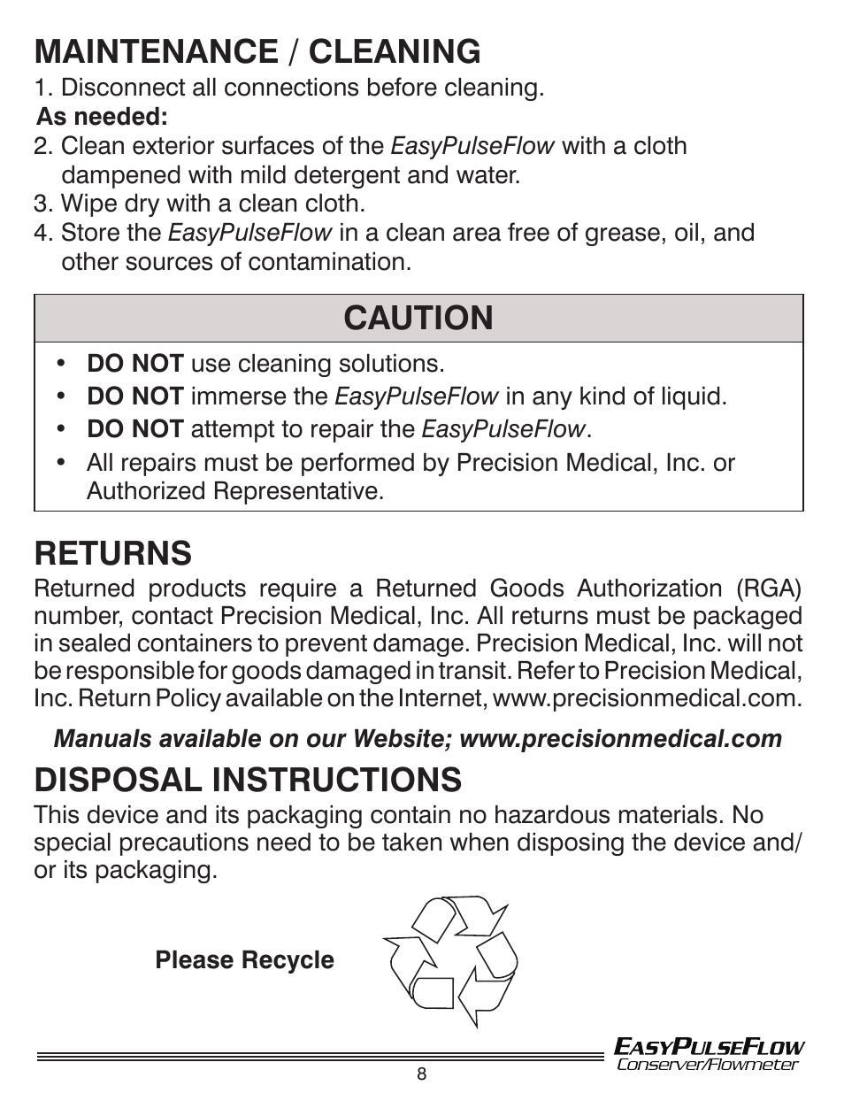 Maintenance / cleaning, Caution, Returns | Disposal instructions | Precision Medical Conserving Flowmeter User Manual | Page 9 / 12