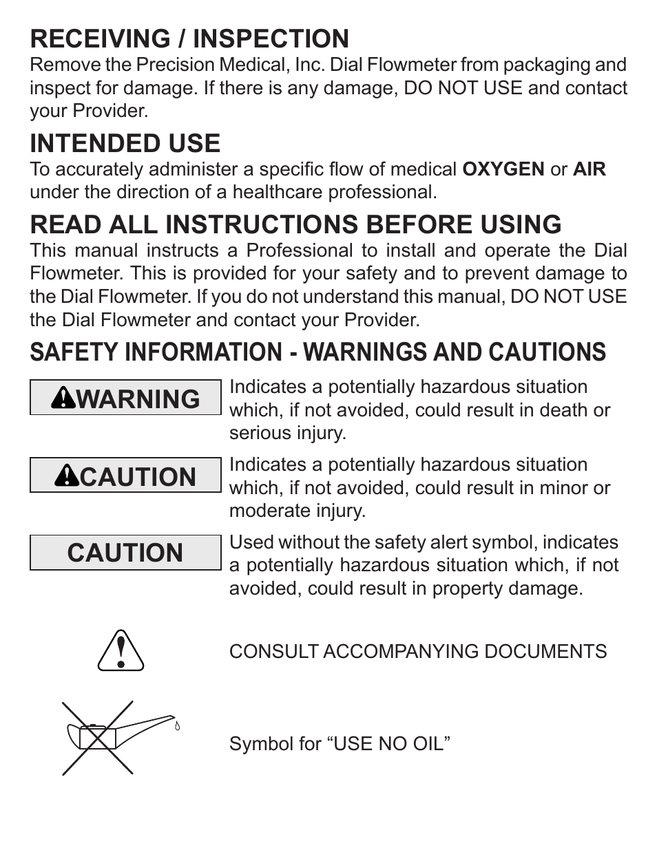 Receiving / inspection, Intended use, Read all instructions before using | Safety information - warnings and cautions warning, Caution | Precision Medical Dial Flowmeters User Manual | Page 2 / 8