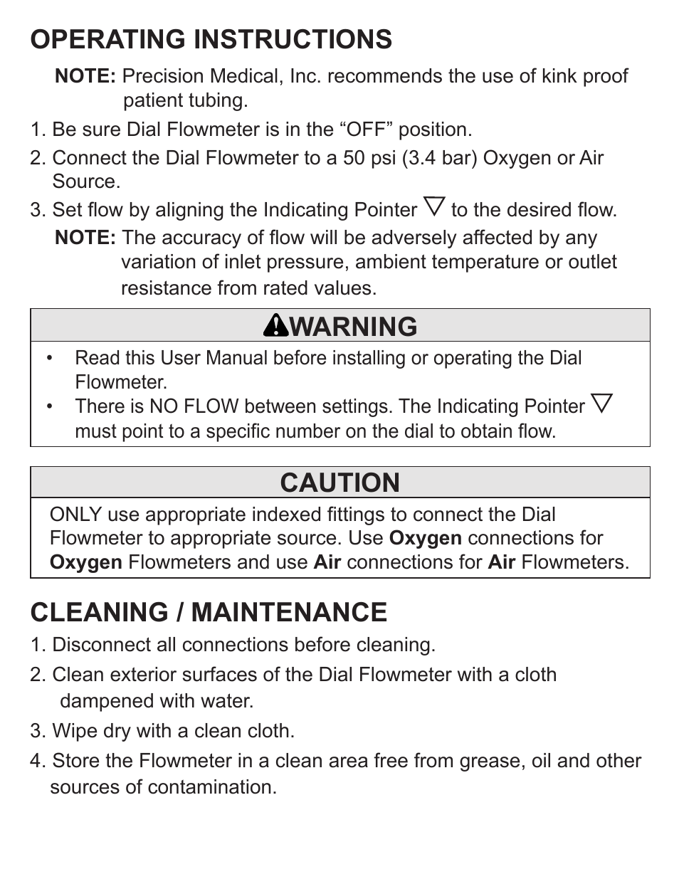 Operating instructions, Warning, Caution | Cleaning / maintenance | Precision Medical Dial Flowmeters User Manual | Page 6 / 8