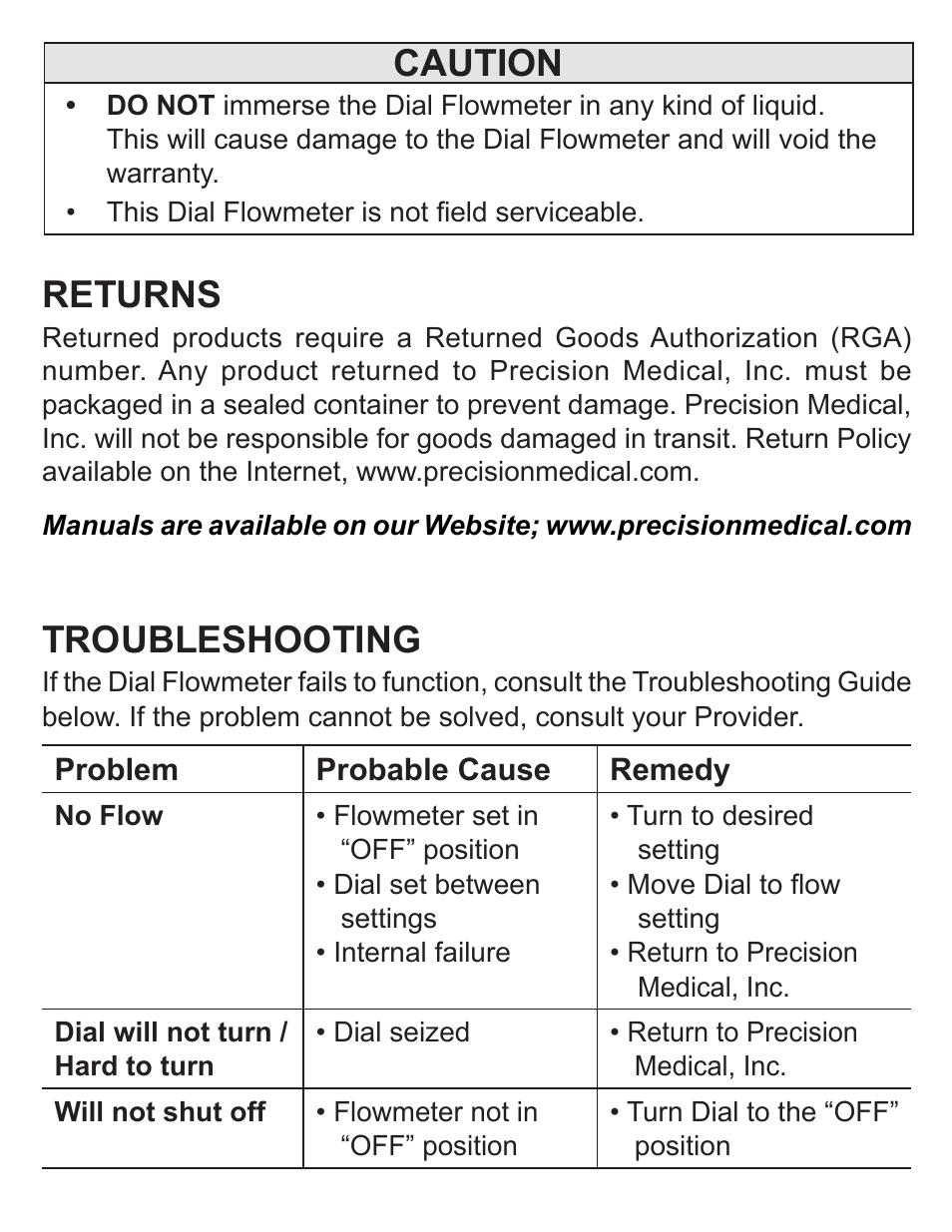Caution, Troubleshooting, Returns | Precision Medical Dial Flowmeters User Manual | Page 7 / 8