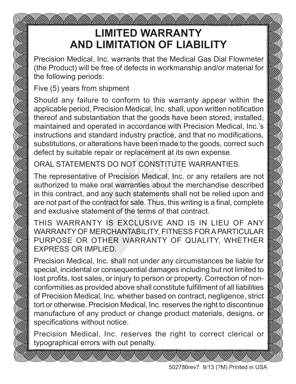 Limited warranty and limitation of liability | Precision Medical Dial Flowmeters User Manual | Page 8 / 8