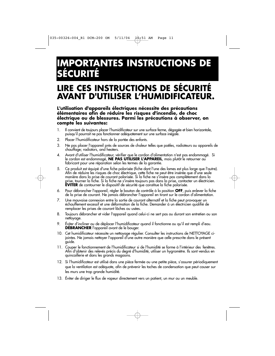 Importantes instructions de sécurité | Duracraft DCM-200 User Manual | Page 11 / 27