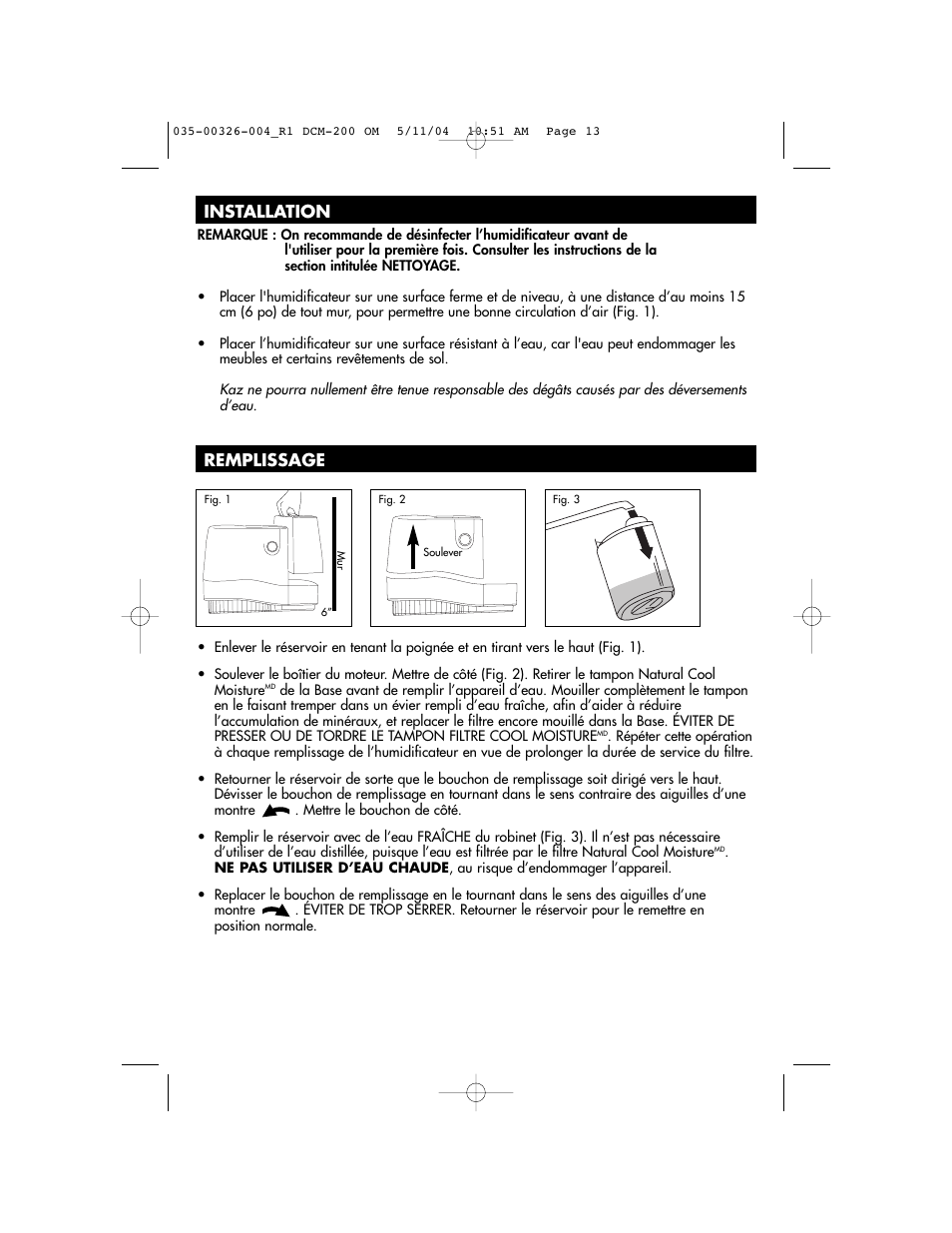 Installation, Remplissage | Duracraft DCM-200 User Manual | Page 13 / 27