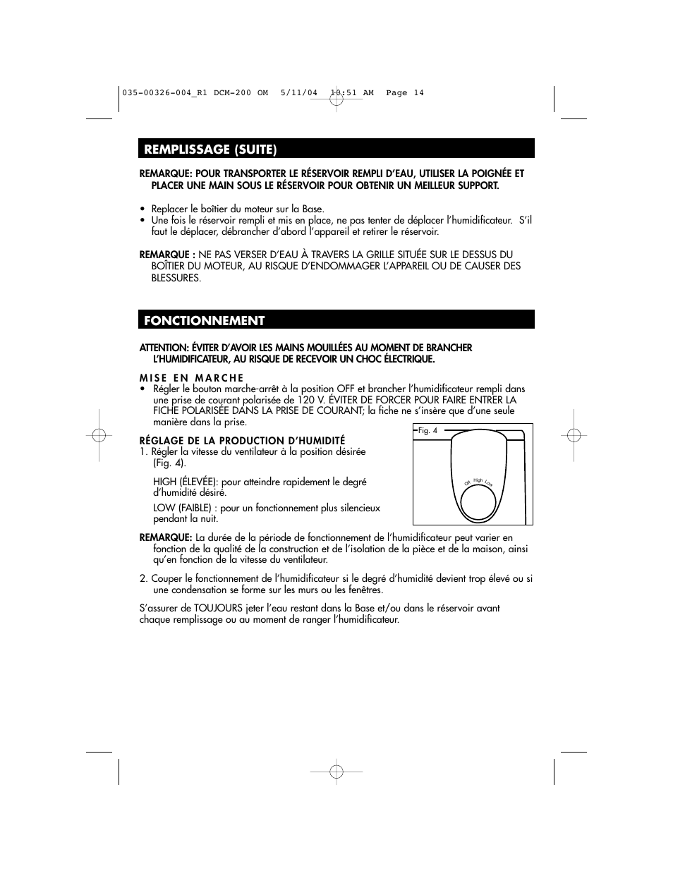 Remplissage (suite) fonctionnement | Duracraft DCM-200 User Manual | Page 14 / 27