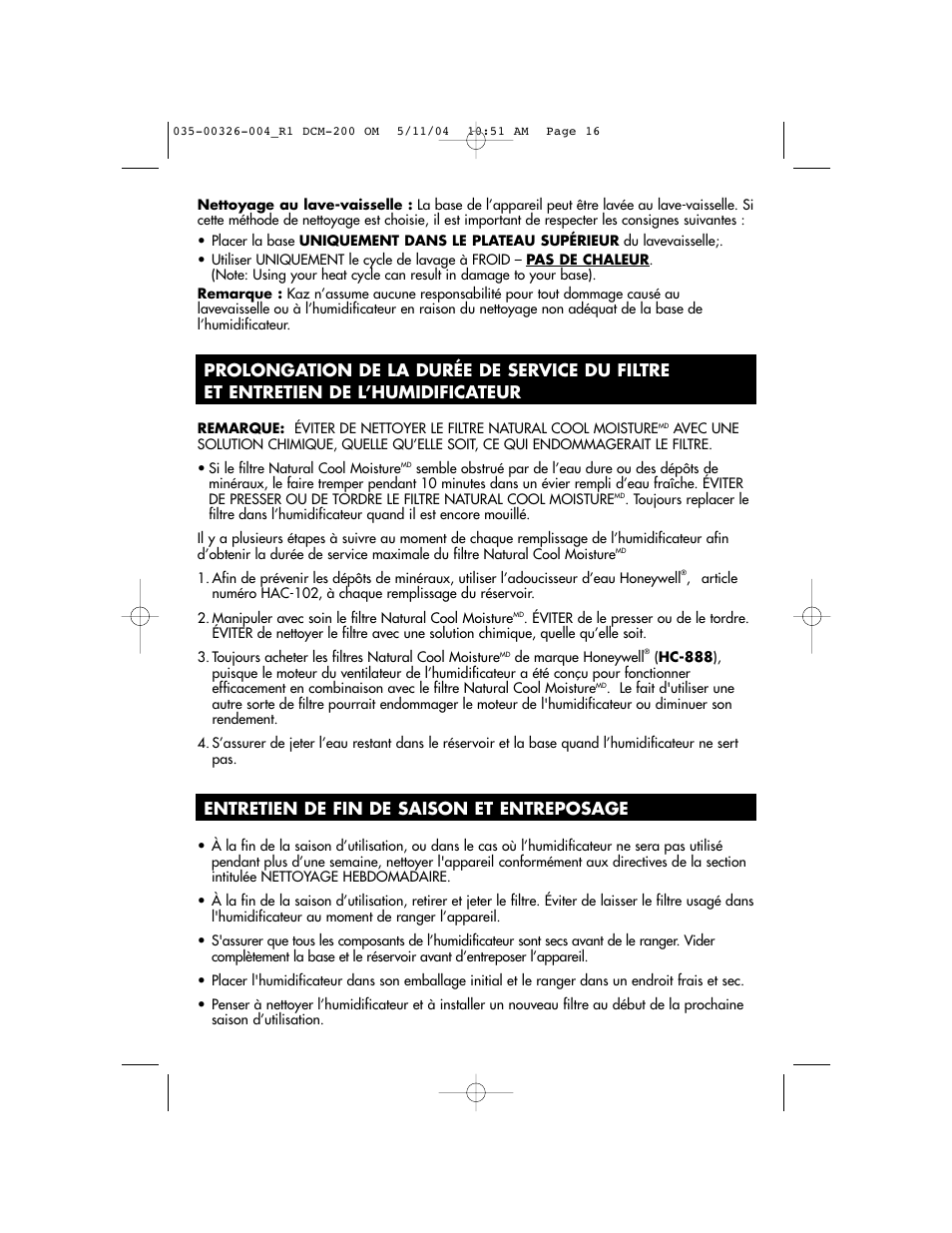 Entretien de fin de saison et entreposage | Duracraft DCM-200 User Manual | Page 16 / 27