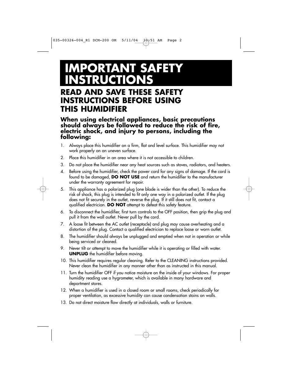 Important safety instructions | Duracraft DCM-200 User Manual | Page 2 / 27