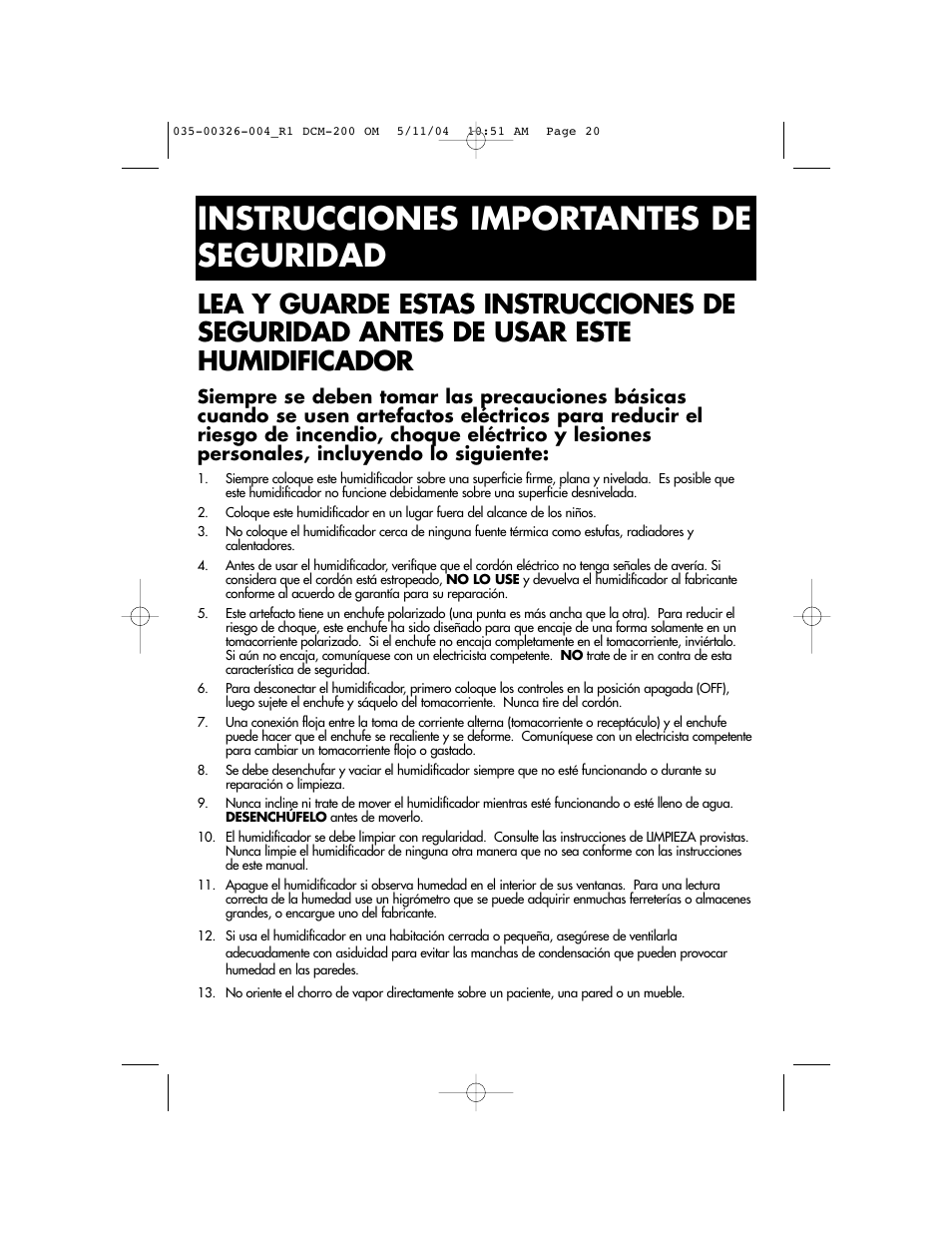 Instrucciones importantes de seguridad | Duracraft DCM-200 User Manual | Page 20 / 27