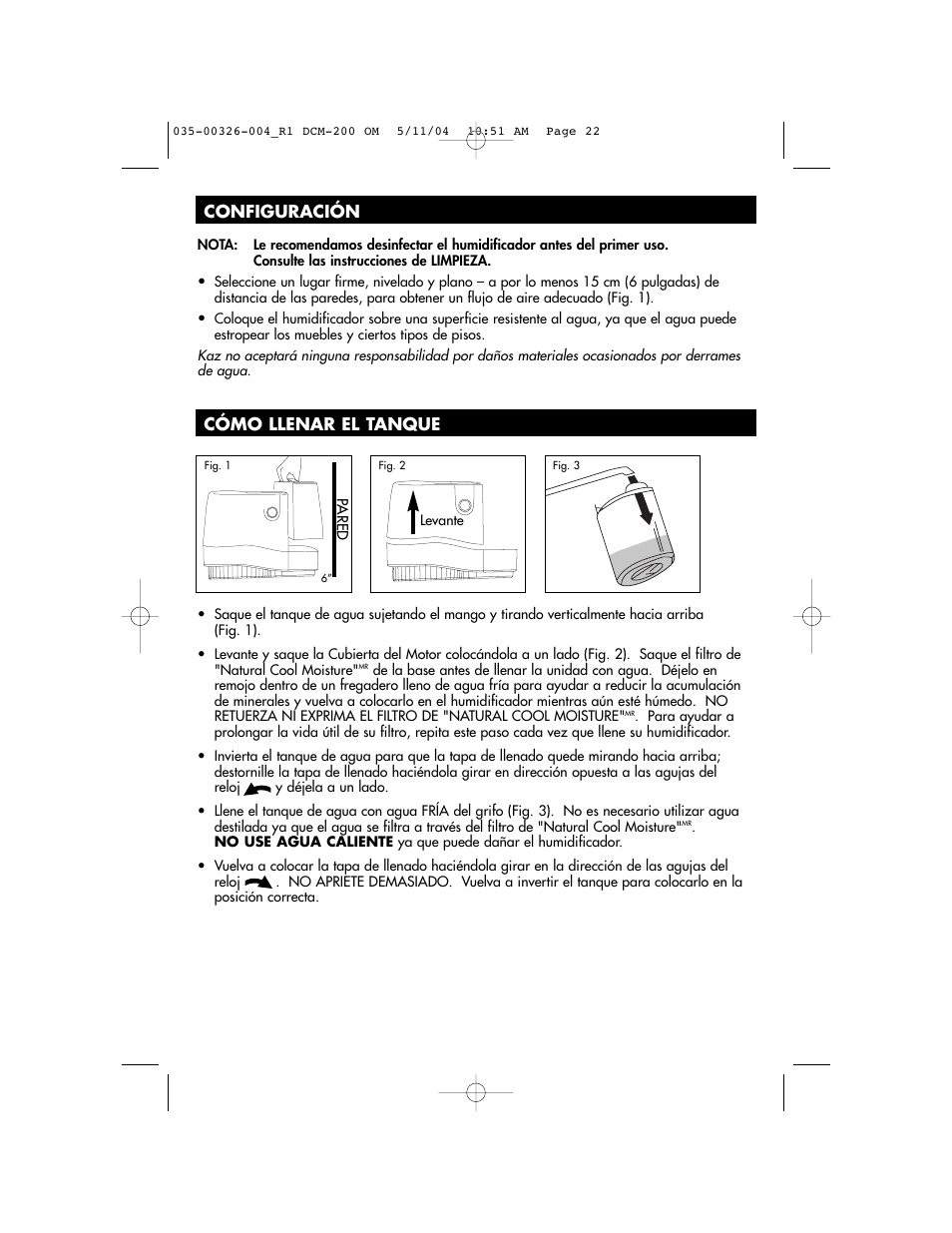 Configuración cómo llenar el tanque | Duracraft DCM-200 User Manual | Page 22 / 27