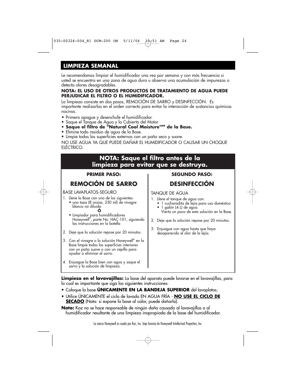 Remoción de sarro, Desinfección, Limpieza semanal | Duracraft DCM-200 User Manual | Page 24 / 27